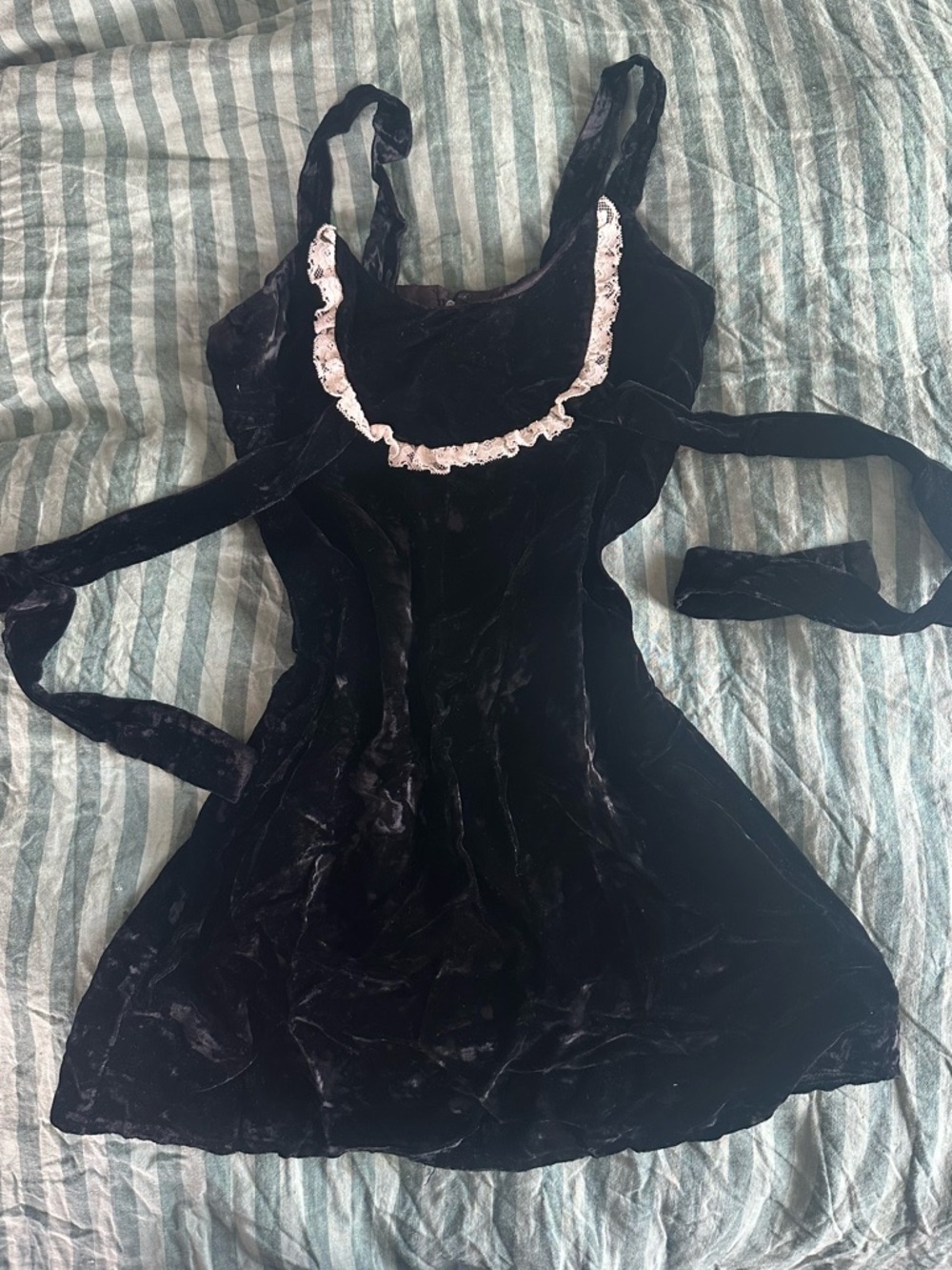 Vintage Rare Black Velvet Sleeveless Mini Dress with Lace Trim